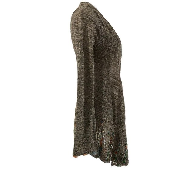 BKE Gimmicks Open Weave Women Tan Raw Edge Chiffon Trim Wool Cardigan Sz Small - Picture 9 of 13